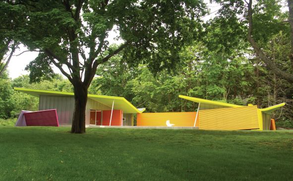 Annual Design Review 2010 – Live: Citation  Architect: Stamberg Aferiat Architecture, New York; Construction Manager: deVries and Wallace   Stamberg Aferiat Architecture conceived of a fanciful retreat into a 1,100-square-foot quasi-Cubist crayon box for the most demanding of clients: themselves. This pool house on Shelter Island, N.Y., was intended to reference Mies van der Rohe’s Barcelona Pavilion, in a tongue-and-cheek sort of way.
