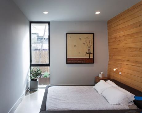 The bath is adjacent to the Master Bedroom. Compactness was of the essence, as the house is on a tight lot in a dense neighborhood in Austin, Texas.