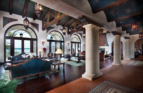 Grand, Custom Home 12,000 square feet and over. Builder: Sterling Bay Homes. Architect: Dahlin Group Architecture Planning. Overlooking Lake Thonotosassa east of Tampa, Fla., the hacienda-style Misi&otilde;n Lago has hand-scrapped trusses made from Ponderosa pine timbers, a hand-painted rolling vault ceiling and hand-crafted tile mimicking the appearance of rugs.