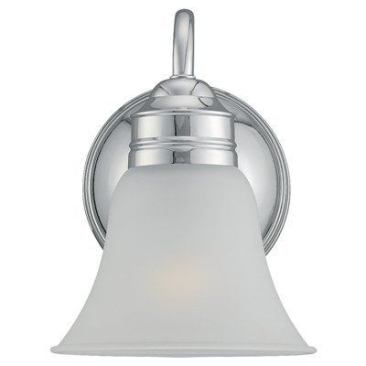 With its flared-glass diffuser, Sea Gull Lighting’s Gladstone bath sconce is perfect for buyers who prefer a more traditional design. The unit measures 9 inches long and 6½ inches wide, and costs $34. It uses one 100-watt A19 bulb. www.seagulllighting.com.