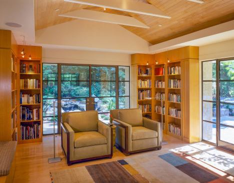 This home library doubles as a meditation space, so minimal furniture and abundant sunlight are key to the serene atmosphere.