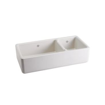 Shaws Original fireclay apron sink calls to mind Midwest farmhouses and barns. The 1 1/2-bowl-unit measures 39 1/2 inches wide and&nbsp;18 1/2 inches from front to back. It comes in white and biscuit. 
www.rohlhome.com.