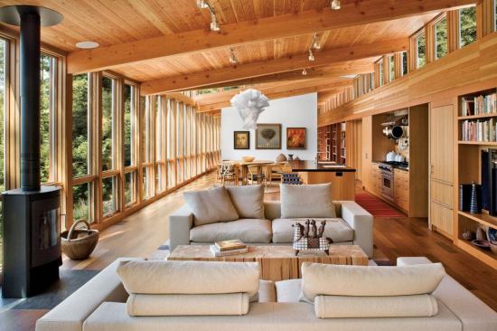 Douglas fir ceilings and cabinetry, along with ipe floors, lend a sense of richness to the interior spaces.
