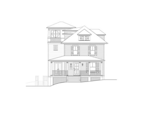 The new street elevation shows how the tower addition respects the original forms of the house, buitl in 1910.