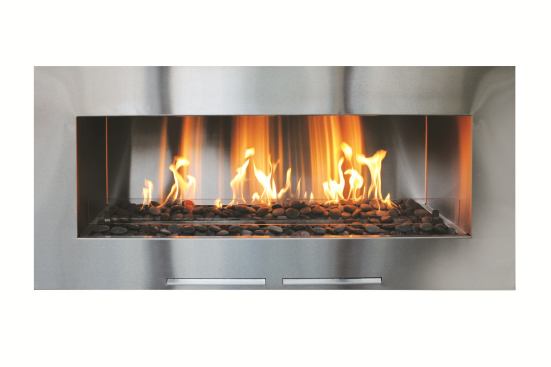 Spark Fires Fireplace This modern outdoor fireplace is designed to be built into an exterior wall with no chimney or flue. Available in 3-foot and 4-foot widths, the vent-free&nbsp;   Fire Ribbon burns either natural gas or propane and starts easily with a remote control. The fireplace features a modern stainless steel finish and additional options are available, including a media tray and a safety screen.&nbsp;