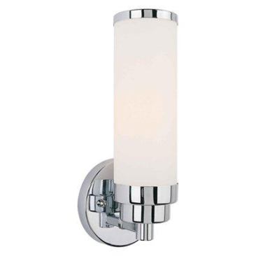 Priced at about $41, this Forte Lighting bathroom wall sconce features a satin opal glass shade and chrome fittings. It measures 11½ inches long and 4½ inches wide. The product only uses a 60-watt bulb, so remember to install two—one on either side of the mirror. www.fortelighting.com.