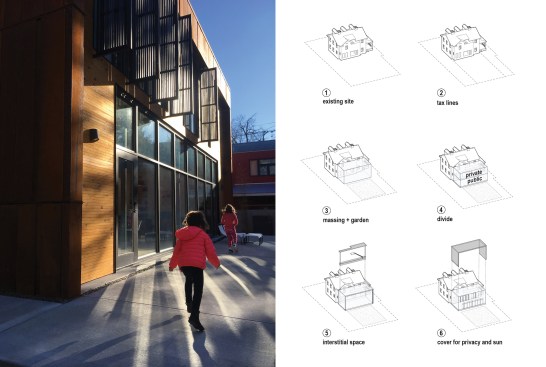 Left: Louvered "fins" keep the sun's glare out of the master bedroom upstairs. Right: Diagram demonstrating the sectional opportunity between old and new.