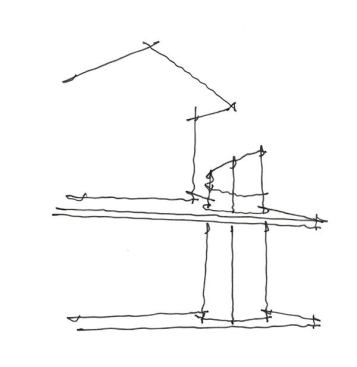
        Concept sketch showing how the circular shower forms relate to the angular roof overhang and square house corner.