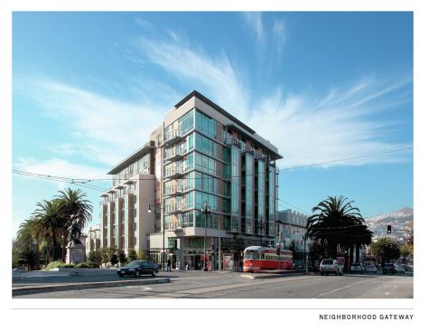 The design team worked with the developers to widen sidewalks, introduce bike storage, and encourages residents to shop on foot.