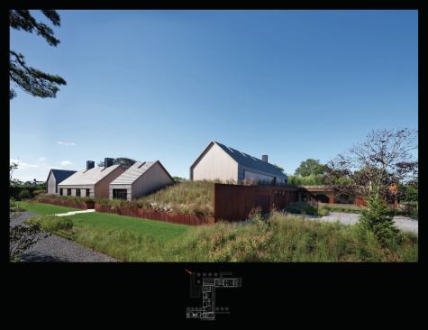 The house incorporates design cues from traditional Long Island farm compounds in both its massing and its materials.