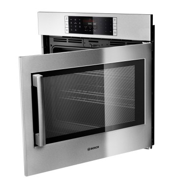 Best Kitchen Product
The Benchmark Wall Oven from Bosch gives universal design a boost with a side-opening door for easier access to the full oven cavity.  The 30-inch unit provides 4.6 cubic feet of capacity with three racks, and is compatible with the cut-outs of most major brands. True convection promises even cooking on multiple racks, and an EcoChef setting uses residual heat to complete the cooking process and save energy. Other user-friendly features include QuietClose doors, a multi-color touch interface, a delayed start timer, and 14 specialized cooking modes, including custom programs.