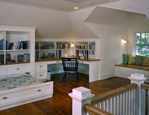 The large attic was reconfigured from a storage-only zone to accomodate an office with built-in shelves, dormer bench, and trundle bed, as well as bathroom, closet, and mechanicals.