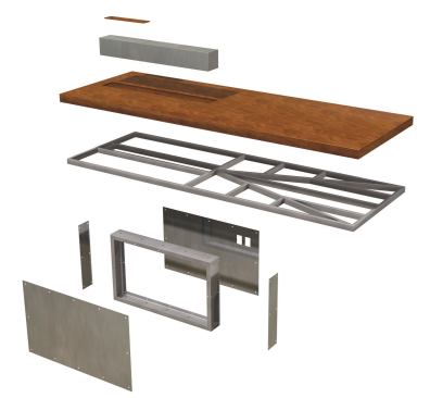The house's main level comes together around a custom island, which serves both the kitchen and the dining area. SkB Architects designed the island’s blackened steel base and cantilevered frame, heartwood oak tabletop, and long steel storage box.