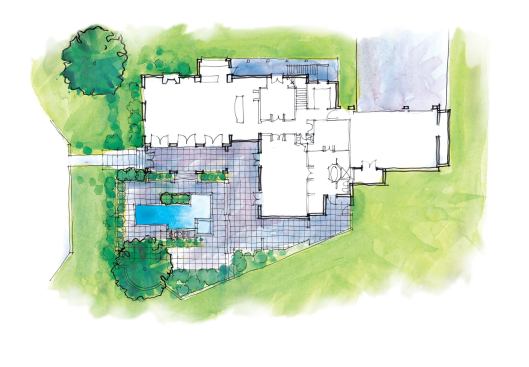 The plan makes use of the entire site, from lot line to lot line. An outdoor fireplace and kitchen are located along the wall on the south lot line. On the north lot line, the butler's pantry opens to an alley so that caterers can reach the serving area without coming into the house and the owners can take out the garbage without going through the courtyard.