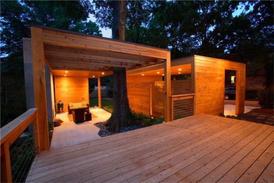 2009 Merit Award - 
Dominey Pavilion, Decatur, Ga. 
Entrant/Architect: Lightroom LLC, Decatur, Ga.; 
Builder: Pinnacle Custom Builders, Decatur  In their stark geometric simplicity, these almost-twin structures-a carport (top, right side) and an outdoor living pavilion-present a sculptural counterpoint to the Craftsman-style house whose tidy in-town lot they share.