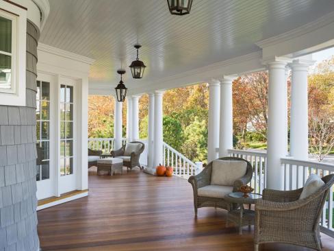 The hardy, tongue-and-groove porch flooring is made of ipe. The floor is slightly sloped (¼ inch per foot) so rainwater will drain off.