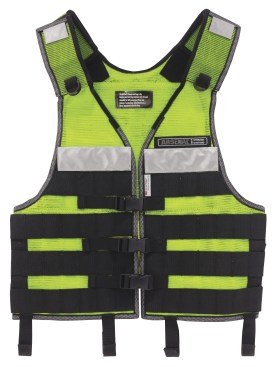 The Ergodyne Arsenal 5590 Industrial MOLLE Vest Kit uses a PALS webbing ladder system for securing pouches by clip, snap, or hook.
