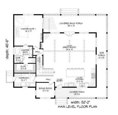 Country Style with Wraparound Porch 932-34 - Main Floor Plan