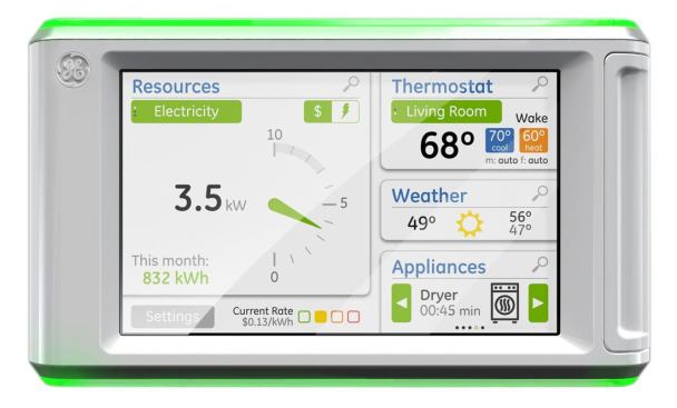 GE. Currently in testing, the company’s smart-grid-enabled appliances will communicate between the utility and the homeowner to ensure appliances are operating at the optimum time of day, lessening the load on the power grid and saving the homeowner money. For example, the refrigerator will hold the high-energy defrost cycle until off-peak hours; the water heater will operate in its most efficient mode during high-demand periods; and appliances will shift to power-saving modes until rates are lower. Accompanying this launch will be the introduction of a Home Energy Manager (shown), which will monitor energy use throughout the home. The 7-inch touchscreen display provides a graphical interface to view real-time and long-term energy consumption, as well as water consumption, solar energy generation (if applicable), weather forecasts, and more. 
www.ge.com. 
–K.T.