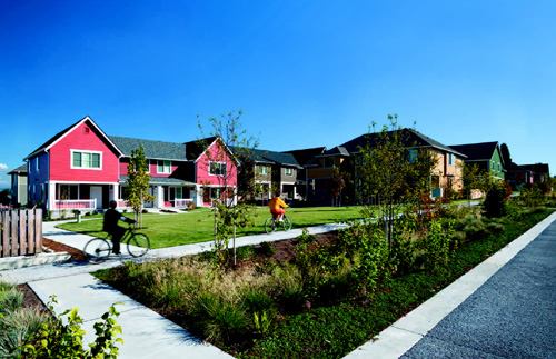 
        
        ENVIRONMENTALLY FRIENDLY: At High Point, a Seattle Hope VI 
project that pairs sustainability with affordable housing, a stormwater 
pond (Slide #4) and shallow roadside swales (shown here) are part of a 
34-block natural drainage system that captures runoff and protects the 
local watershed
      
      