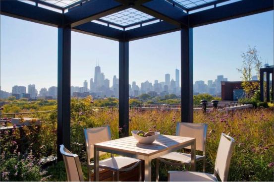 The Midwestern-style prairie is a lush foil for the city view.