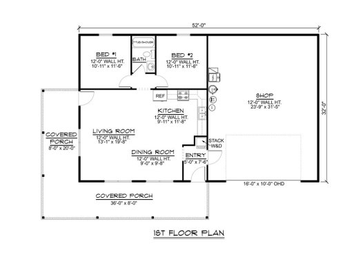 Barndominium plan with two bedrooms, main floor plan. See details at Houseplans.com.