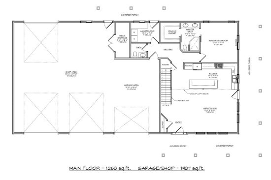 Barndominium plan with wraparound porch main floor plan. See details at Houseplans.com.