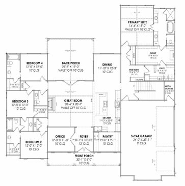 Farmhouse plan with front porch, floor plan. See details at Houseplans.