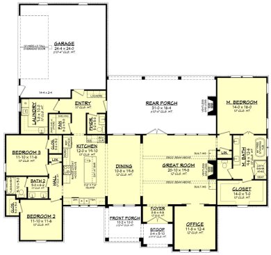 Modern farmhouse plan with 2,397 sq. ft., main floor plan. See details at Houseplans.com.