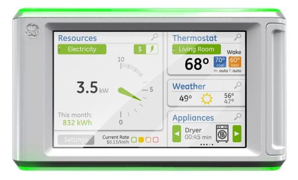 GE. Currently in testing, the company’s smart-grid-enabled appliances will communicate between the utility and the homeowner to ensure appliances are operating at the optimum time of day, lessening the load on the power grid and saving the homeowner money. For example, the refrigerator will hold the high-energy defrost cycle until off-peak hours; the water heater will operate in its most efficient mode during high-demand periods; and appliances will shift to power-saving modes until rates are lower. Accompanying this launch will be the introduction of a Home Energy Manager (shown), which will monitor energy use throughout the home. The 7-inch touchscreen display provides a graphical interface to view real-time and long-term energy consumption, as well as water consumption, solar energy generation (if applicable), weather forecasts, and more. 
www.ge.com. 
–K.T.
