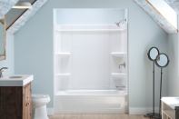 These modular panels have tongue-and-groove interlocking joints that click into place to create a seamless-looking and watertight finish, the maker, Sterling, says.