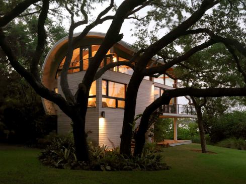 Inspired by an existing grove of live oak trees, the guest home’s curves mimic the twisting branches that surround it.