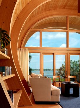 Inside, exposed beams created a perfect opportunity for built-in shelving.