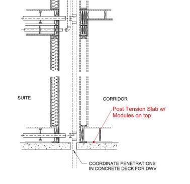 A post tension slab is
commonplace for construction in dense urban areas where buildings need either parking or
commercial space below the residential areas. Post tensioning refers to cable
tendons that are placed in a relatively thin section of concrete. After the
concrete cures,&nbsp; the cables are tensioned
causing the concrete slab to slightly bow upward in the middle making it
stronger and able to hold more weight in a uniform manner. This also requires
fewer and more evenly spaced columns, says&nbsp;Curtis Fletcher, Guerdon’s regional business development manager.