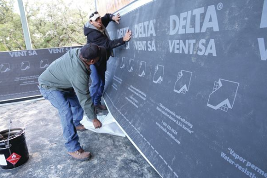 Delta-Vent SA peel-and-stick membrane air-seals walls as well as protecting them from moisture. It should be used with a rainscreen.
