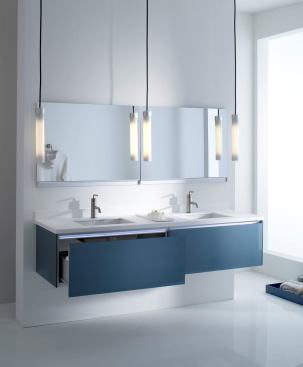 The manufacturer has launched a new line of vanities as part of its M Series, including this 48-inch unit. Satisfying the “increasing appetite” for contemporary styling, the collection is produced in glass and aluminum. Pieces are available in 24-, 30-, 36-, 48- and 60-inch sizes and feature soft-close drawers. Optional features include night lights, electrical outlets, hair-dryer organizer, and removable glass bins. Robern. www.robern.com.