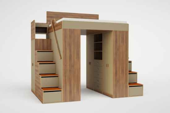 The Urbano king loft bed, shown with two sets of stairs.