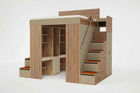 The flanking stairs increase the Urbano's storage capacity with deep drawers.