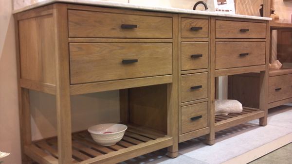 Refined Rustic  Sagehill Designs unveiled the Toby collection of bath furniture, including counters, cabinets, mirrors, and etageres. Steven Wilcox, who designed the line, says the collection reflects today's use of rougher, more rustic wood species, but in a more modern, less-than-rustic furniture style. 
Sagehill Designs | sagehilldesigns.com