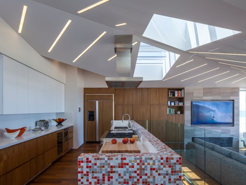 A multi-colored, tile counter is the extra something special that gives character to this kitchen.&nbsp;Project: Silver Strand Beach House by Robert Kerr Architecture Design, Inc.&nbsp;