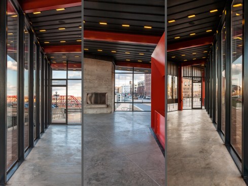 The interior of the cafe is a glass dining space with a solid concrete "chimney" to the south and a wood and steel "kitchen" block to the west. The building employs a number of sustainable and energy conservation strategies including geothermal heating and cooling, daylight harvesting, and LED lighting, significantly reducing both operating and life-cycle costs. 