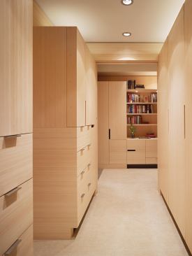 For a pair of clients that made the jump from traditionalists to die-hard minimalists, their master wing is kept clean but luxurious with custom built-in closets and cabinets that keep essentials out of sight but within reach. Project: Saunders Residence, San Francisco; Builder: 38 Degrees North Latitude Builders, San Rafael, Calif.; Designer: Cheng Design, Berkeley, Calif.