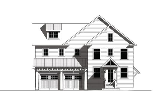 Columns and a pergola above add interest and create shadows to diminish the impact of the overhead doors on the entrance façade.

Shed roof with metal standing seam roofing matches the design of the dormer. The visual consistency adds harmony.

Instead of one oversized garage door, two carriage-style doors add scale, character, and functionality.

Garage mass is recessed from the body of the house, making the entrance more prominent.