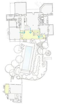 The new floorplan shows the home's connection to the outdoors. The small structure on the other side of the pool is a guest house.