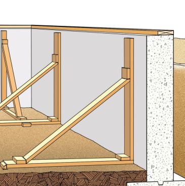 1. Brace the Concrete Wall Backfilling a freshly built concrete wall can cause it to bulge or crack, requiring a costly fix. If the floor deck isn’t installed, brace the basement walls first using heavy timbers at about two-thirds of the wall height, and about 12 feet apart (for an 8-foot wall).