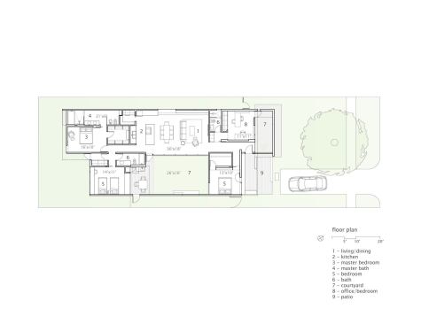 The home is built around a courtyard, so inside-outside connections are at the heart of the plan. The master bath reinforces the inside-outside idea. 