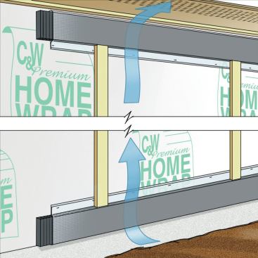 2. Strap the Wall: At the top and bottom of the wall, apply strips of a corrugated vent product such as Cor-A-Vent, wrapped with screening to keep the bugs out. Then strap the wall with 1x3 strapping. It's best to line the strapping up with the wall studs, and fasten it with ring-shank nails long enough to get through the foam and into the studs. (For thicker foam, long screws work best.)