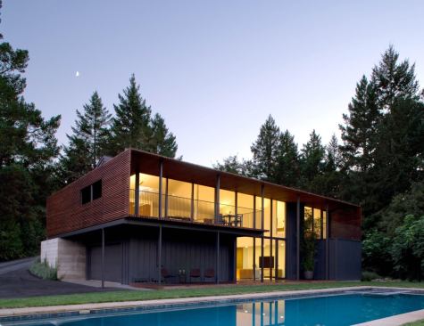 A screen of ipe slats gives this house a crisp, contemporary profile.

