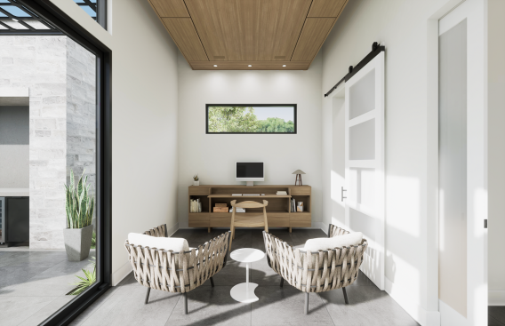 The flex room has the option to be an office, game room, or bedroom with an attached bath.