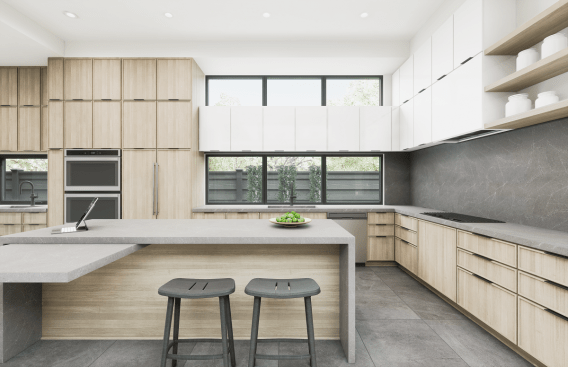 The kitchen features a waterfall island, built-in appliances, ample cabinetry, and a sink area that looks out to a vertical herb garden. 